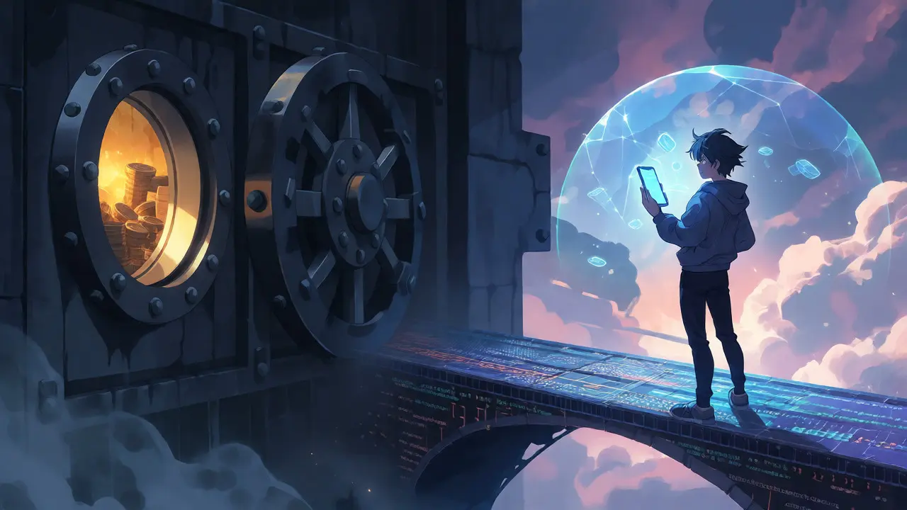 Contrast between a central bank vault and a user protecting assets on a phone