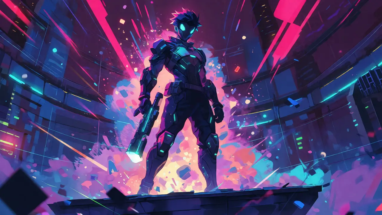 Cyberpunk anime warrior in battle royale arena with particle effects