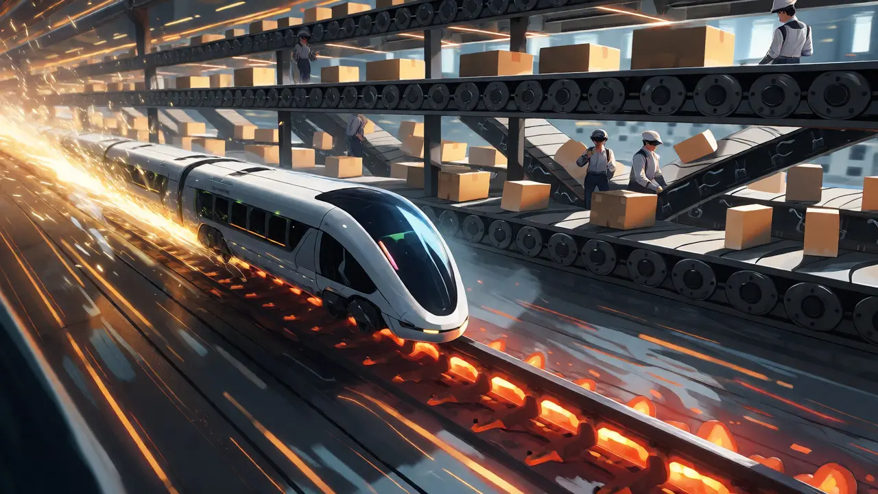 Dynamic anime scene contrasting fast monolithic trains with steady modular conveyor systems