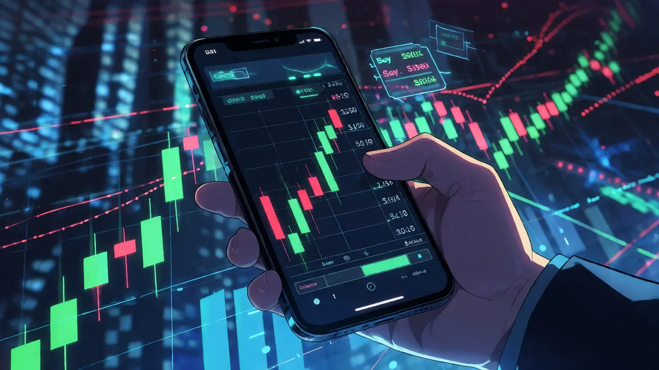 First-person view of a mobile crypto trading app with holographic order books