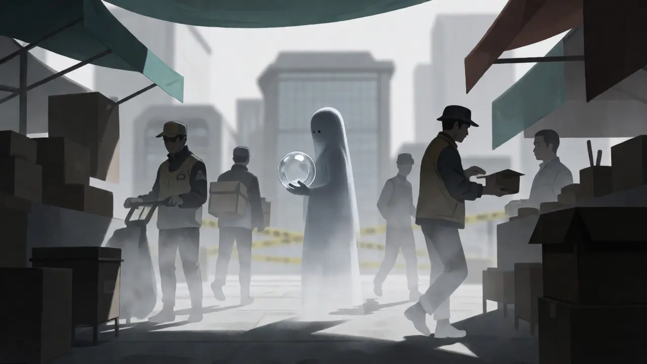 Ghostly figure holding an empty token in a desolate, foggy delivery hub