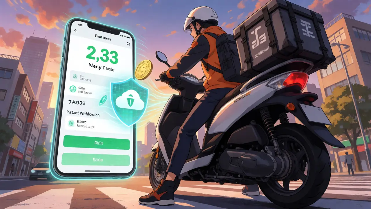 Gig worker on scooter viewing holographic earnings app with data streams.