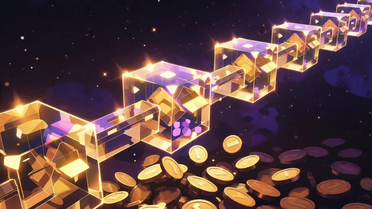Golden coins flowing into a large digital block chain