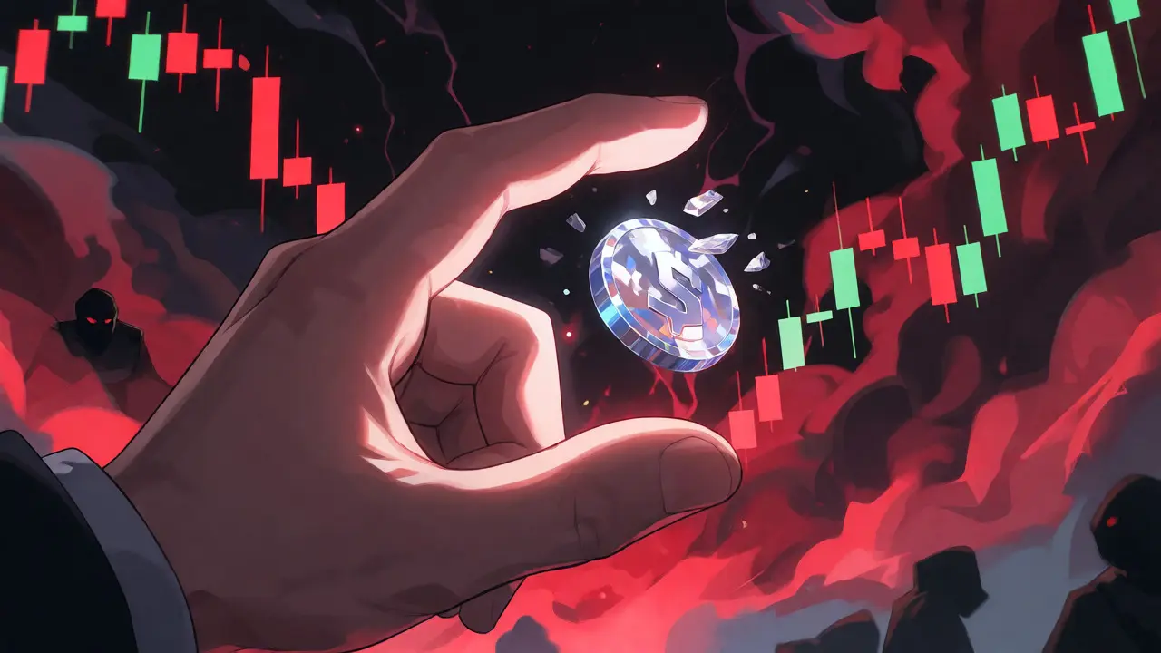Hand holding a shattering crystal coin amid volatile chart storms in anime style.