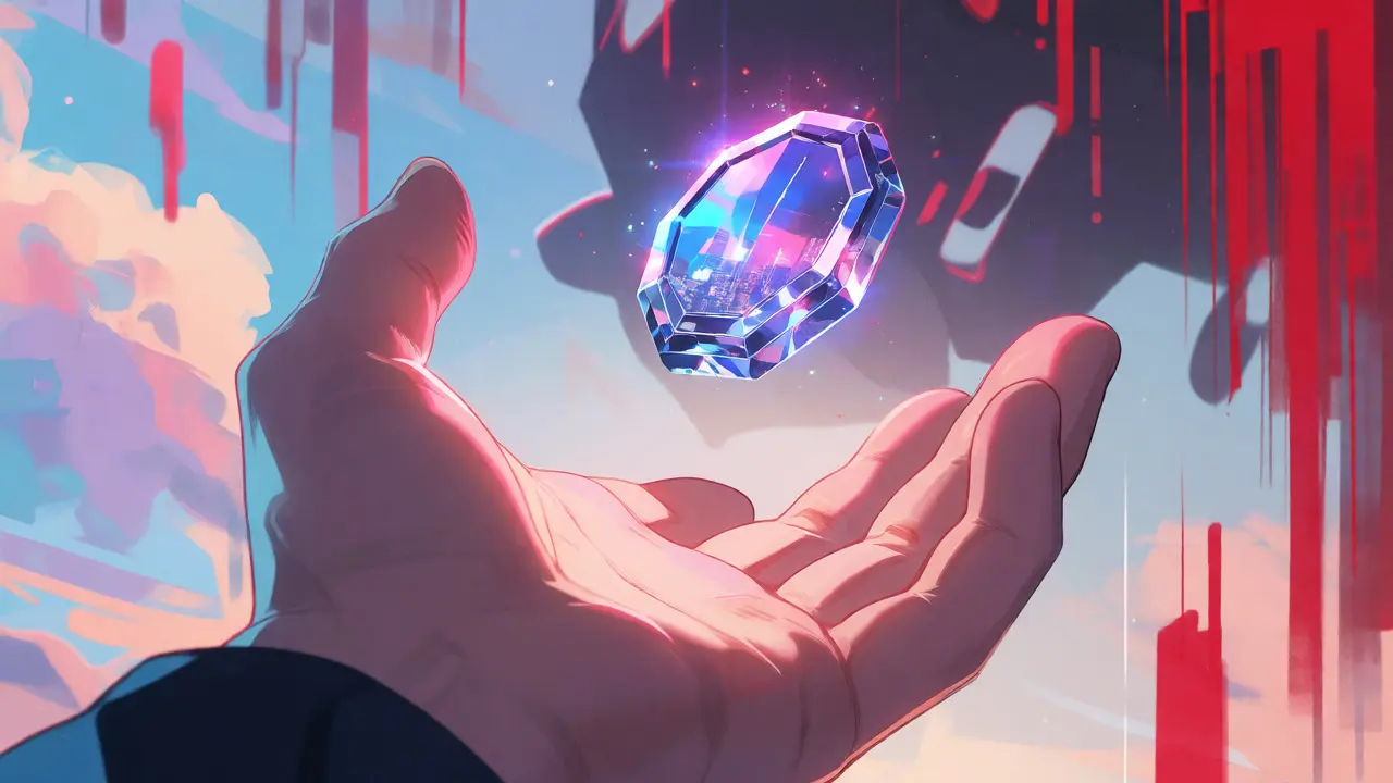Hand reaching for a glowing crystal token amidst warning glitch effects.