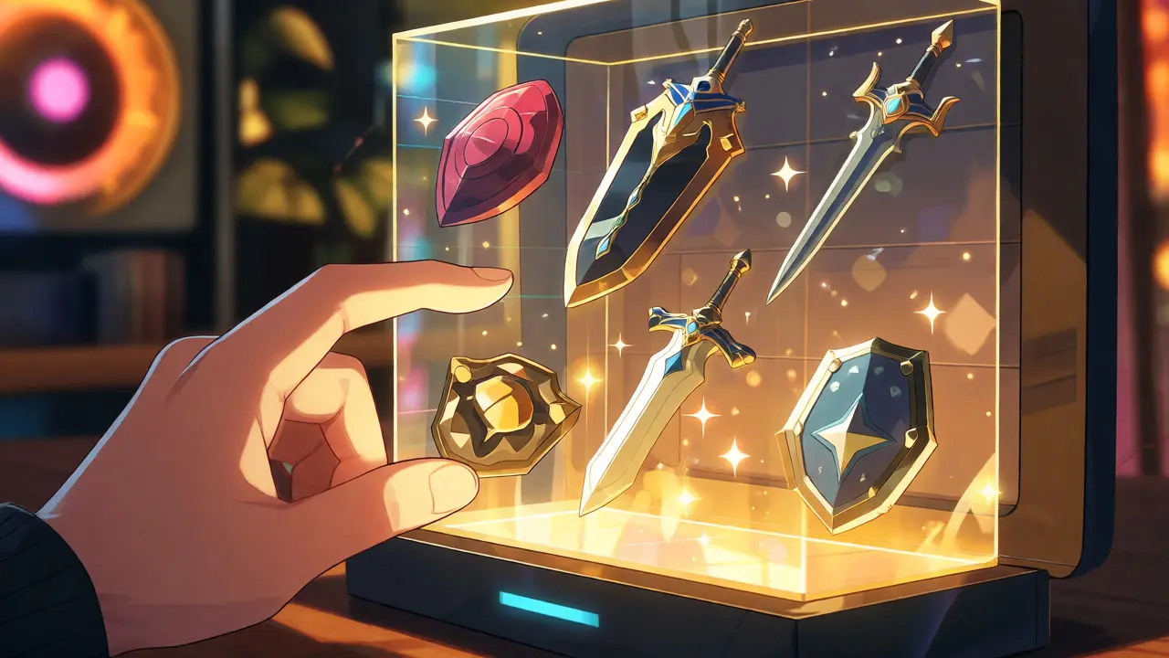 Hand touching holographic display of rare anime-style game items