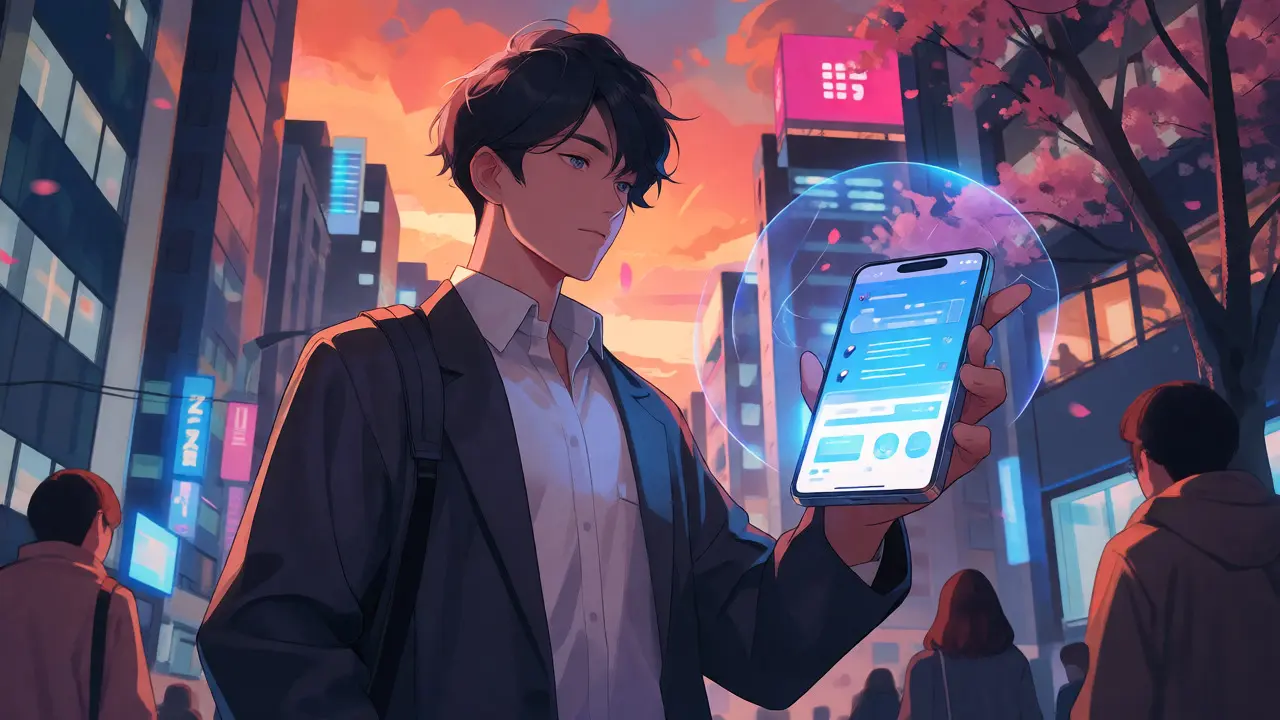 Japanese investor with shielded crypto portfolio at dusk