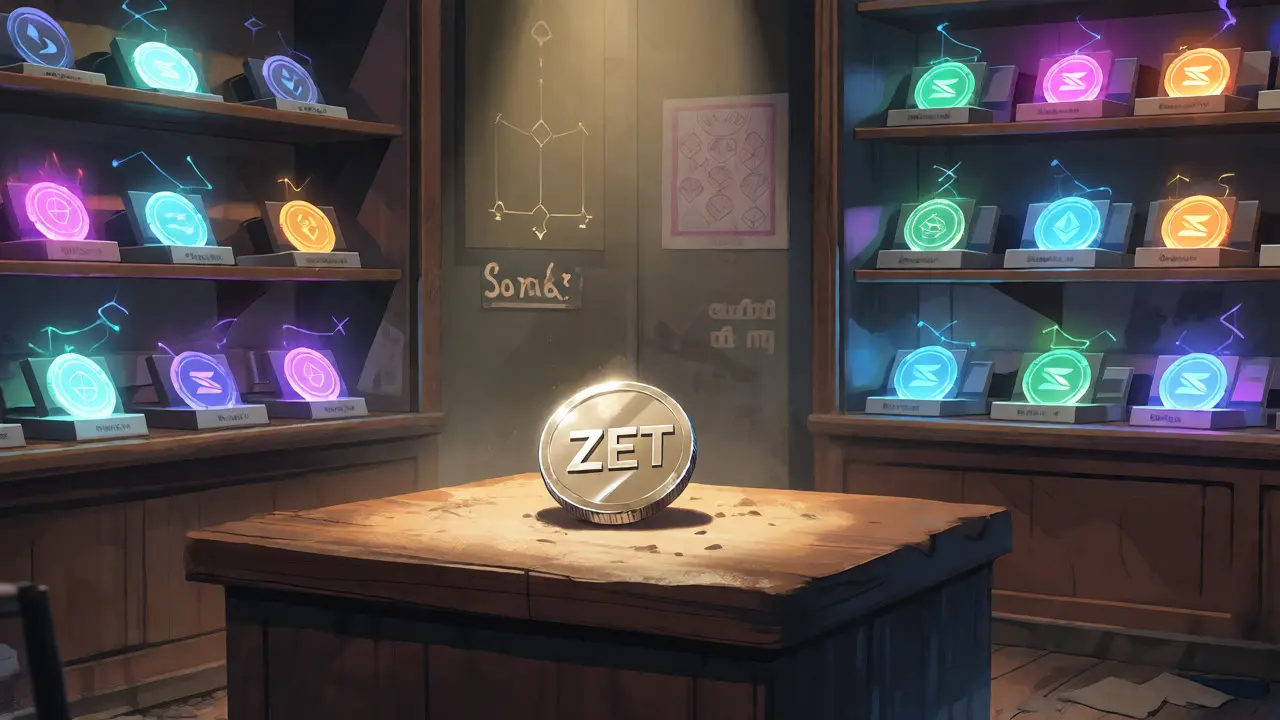 Lonely ZET coin in a museum amidst modern crypto tech