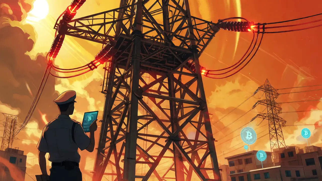 Overheated power grid towers under a hot sun