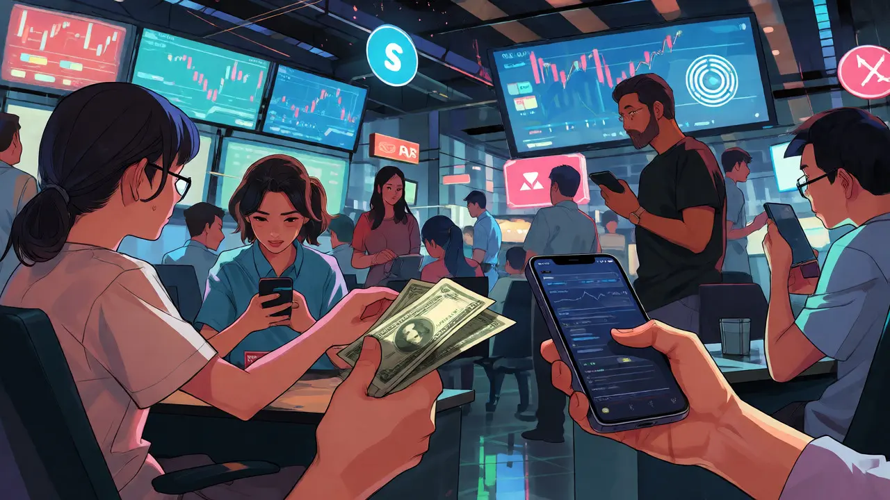 People exchanging cash and phones for crypto in a tech cafe