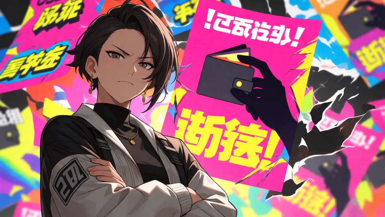 Skeptical anime investor standing before crumbling, colorful scam advertisements
