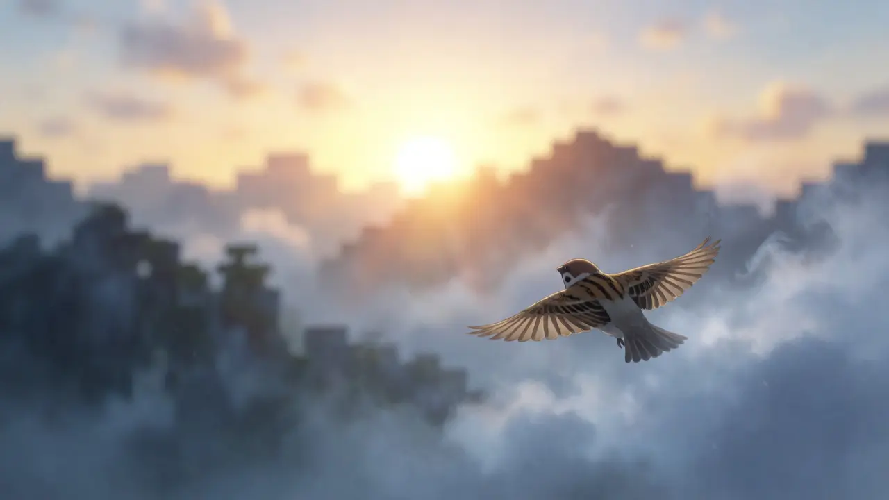 Sparrow flying toward sunrise over pixelated mountains