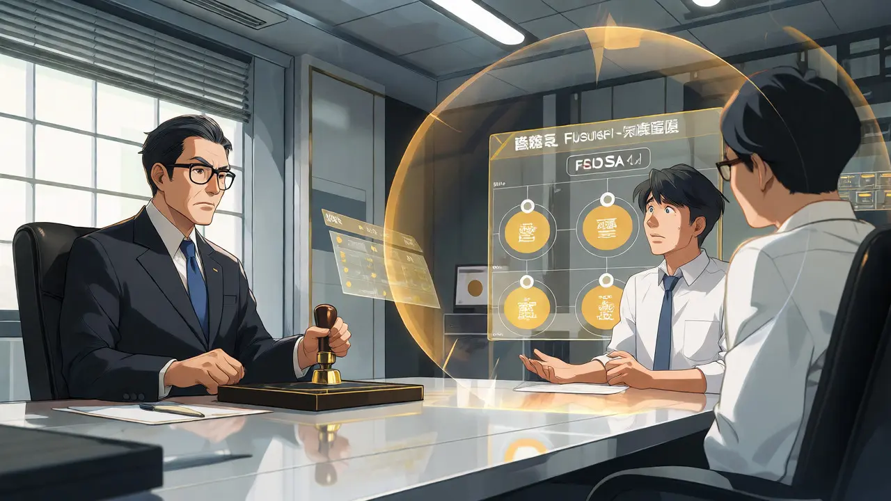 Stern regulator reviewing holographic compliance documents with a nervous startup founder.