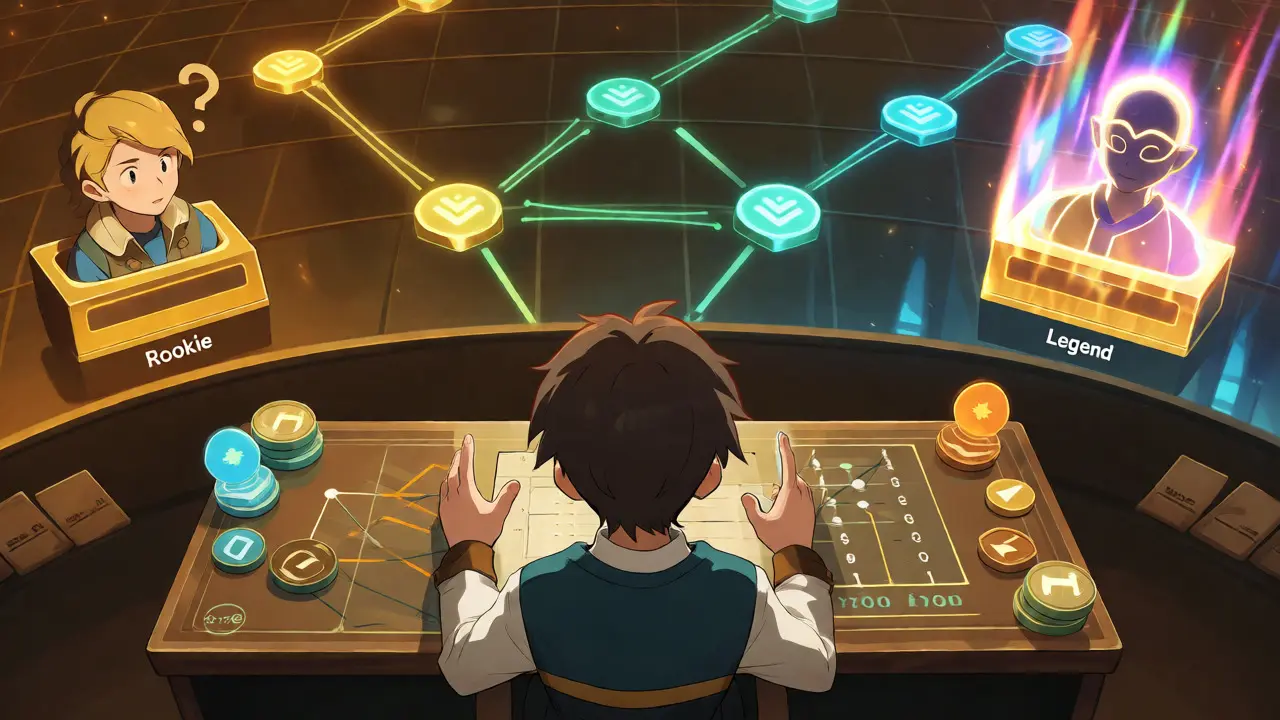 Strategist analyzing holographic charts with Rookie and Legend avatars nearby.