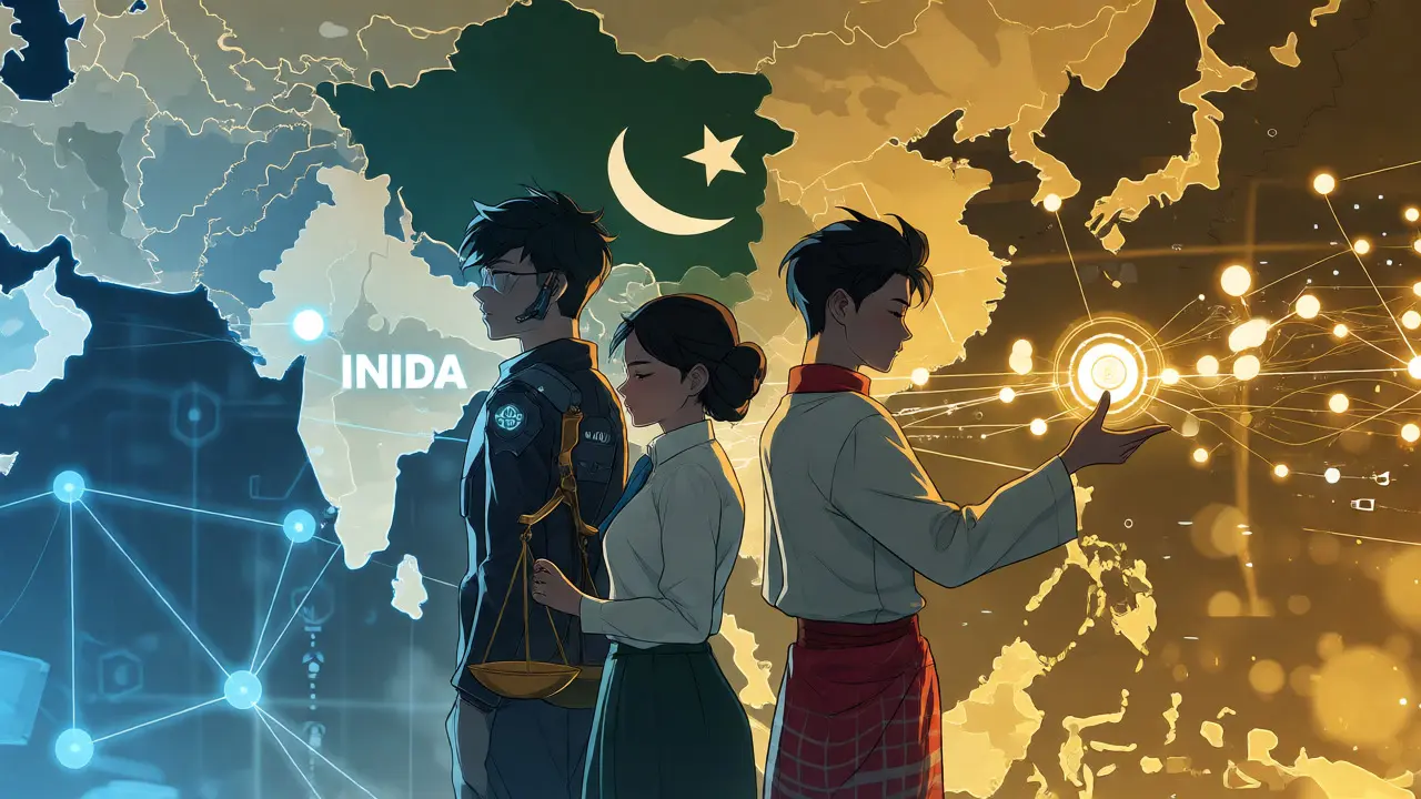 Three anime characters representing South Asian crypto adoption
