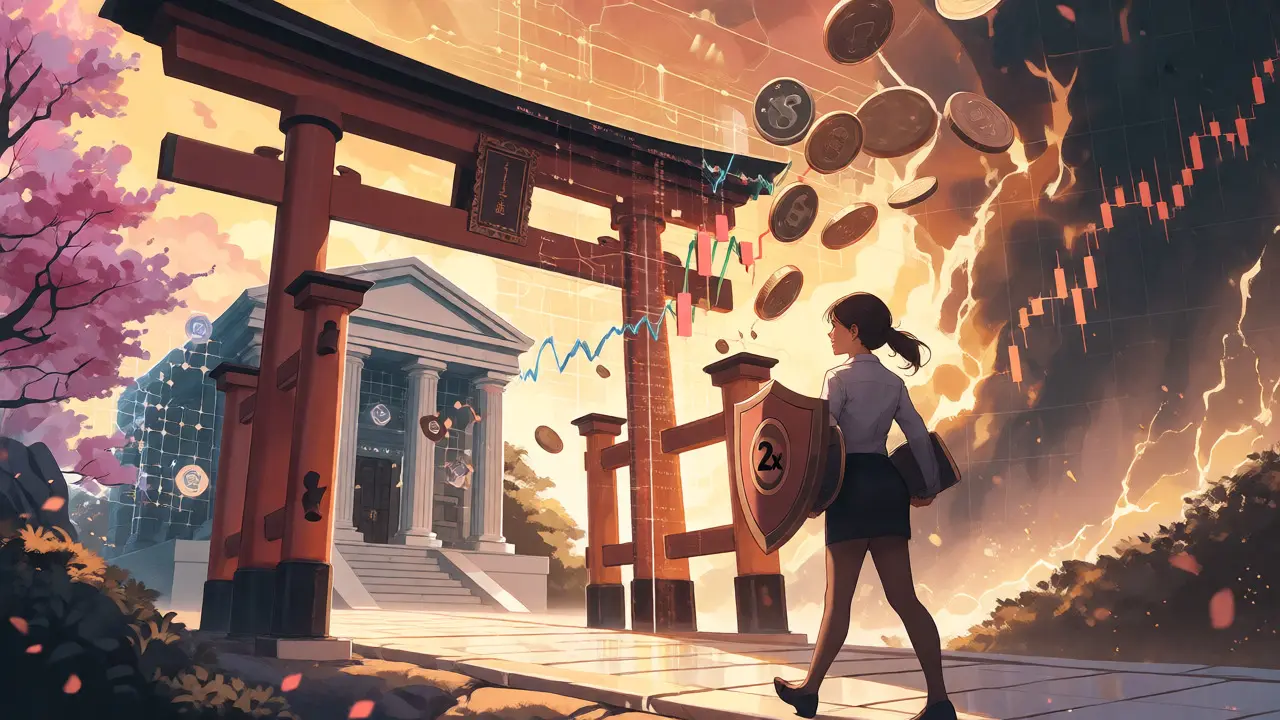Trader approaching a transforming torii gate where coins become regulated financial assets.
