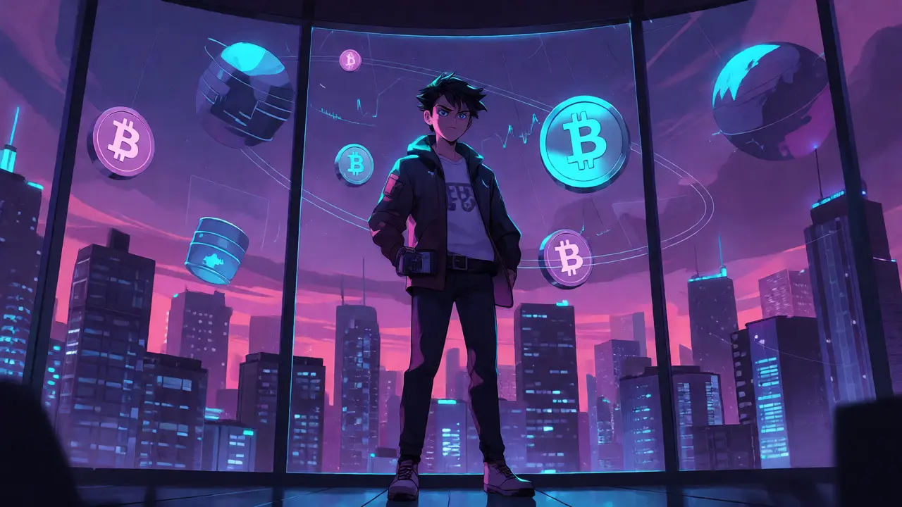 Trader overlooking city with orbiting asset icons in reflection