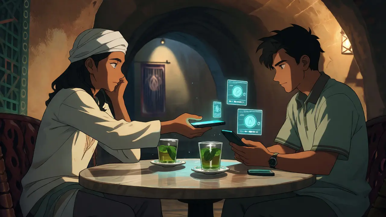 Two men exchanging crypto in a secret tea house