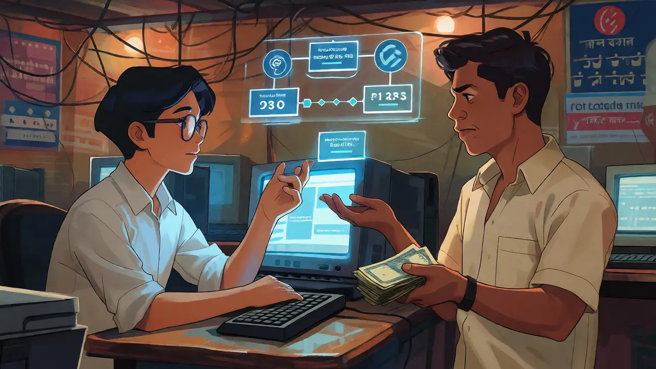 Two people exchanging digital currency in an office