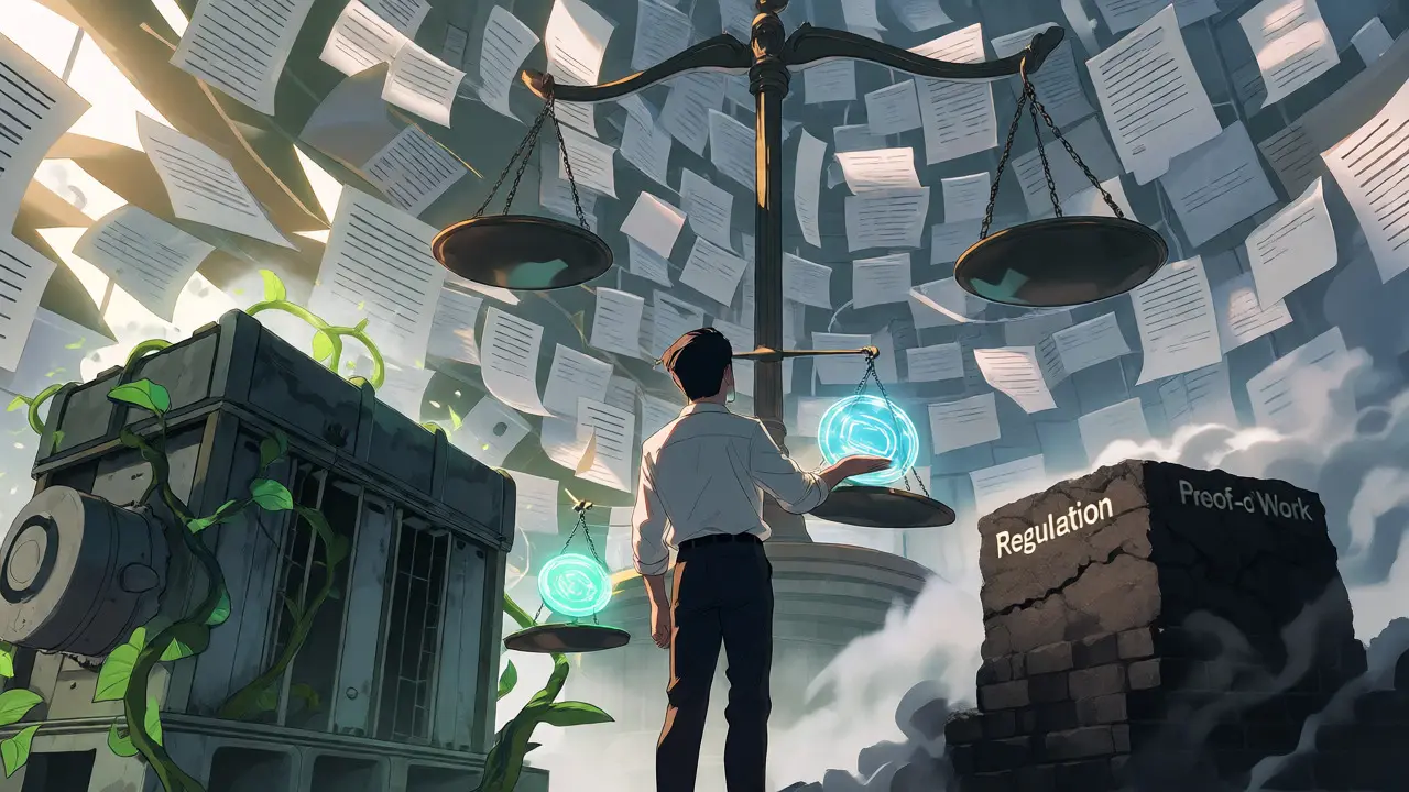 Executive weighing regulations and green energy against blockchain technology.